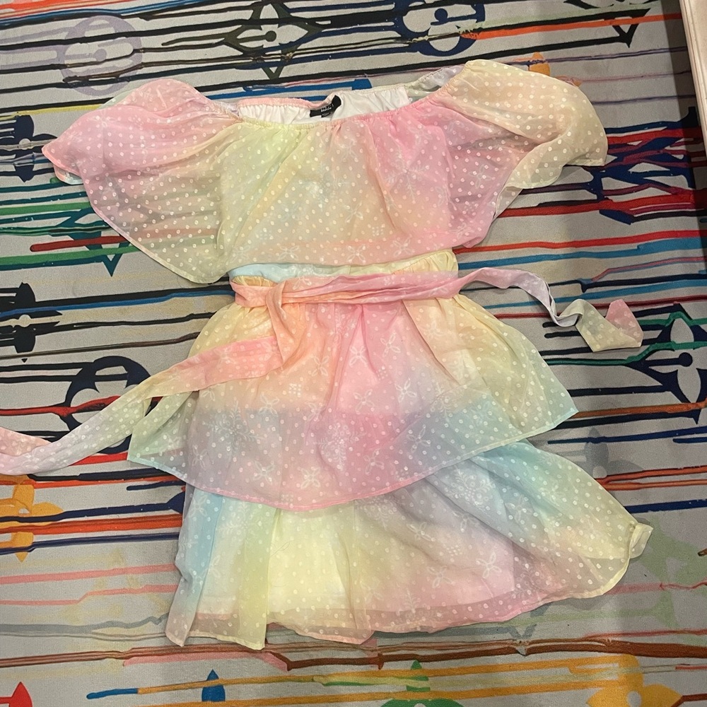 Vici Tie dye Swiss dot off shoulder dress